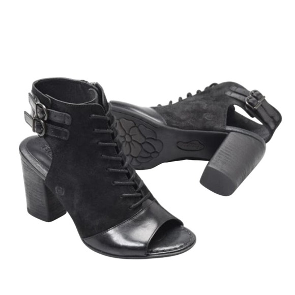 Born Shoes - Born Blane Black Chunky Heeled Lace Up Open Toe Booties Black Leather Size 8M